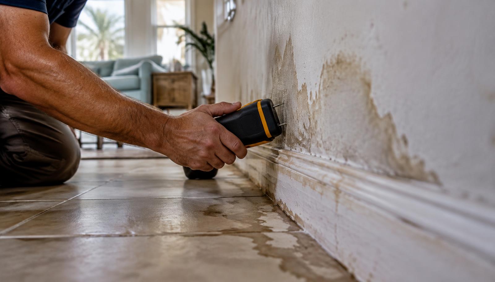 Hand pressing a moisture meter to water-stained drywall above a damp baseboard on tile